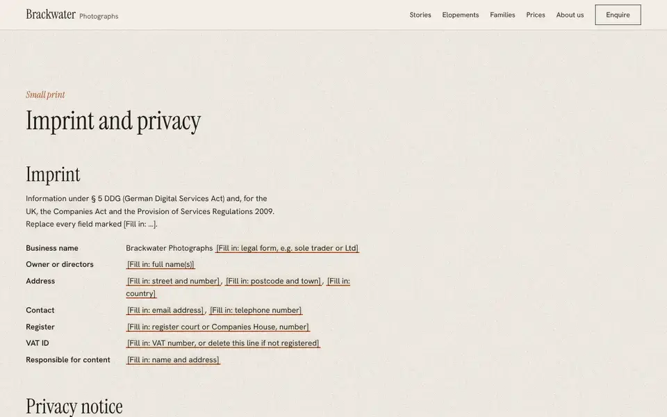 Brackwater, Seite „Imprint and privacy“, erster Bildschirm