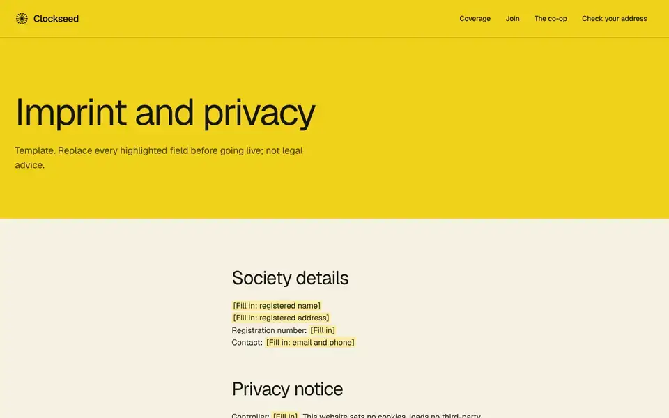 Clockseed, Seite „Imprint and privacy (template)“, erster Bildschirm