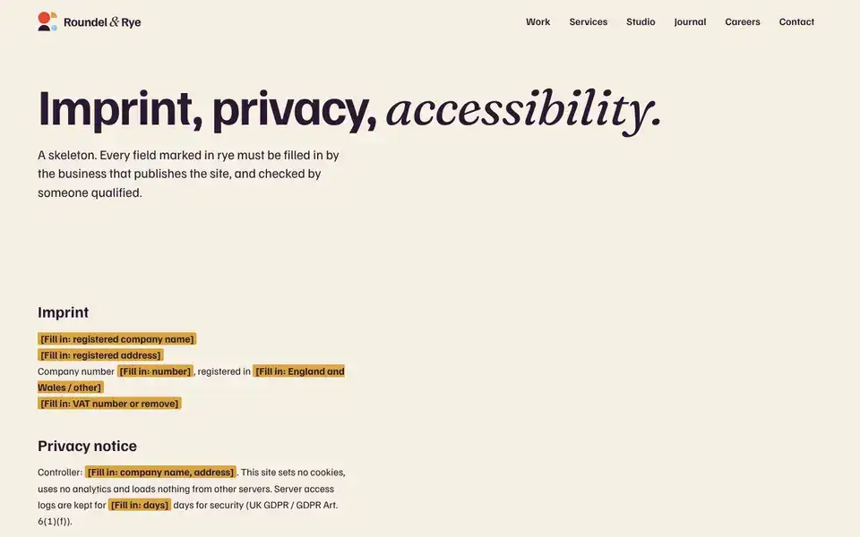 Roundel & Rye, page "Imprint, privacy, accessibility (skeleton)", first screen