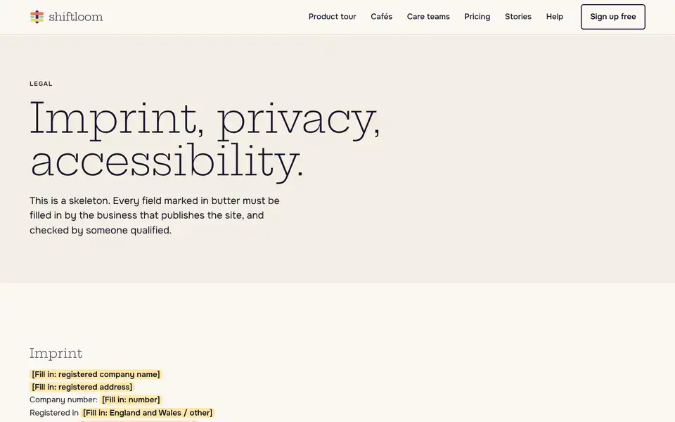 Shiftloom, Seite „Imprint, privacy, accessibility (skeleton)“, erster Bildschirm