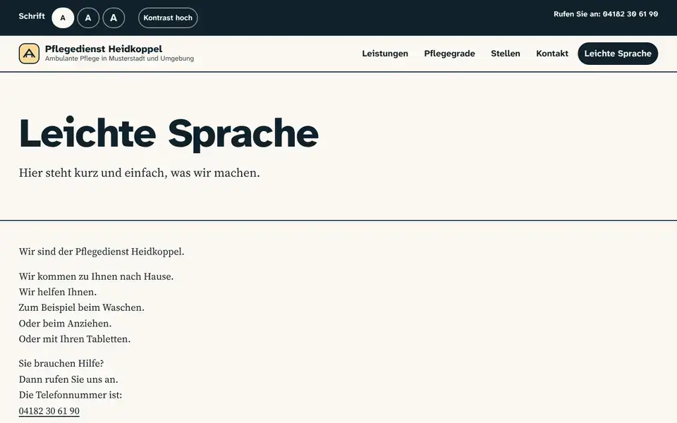 Heidkoppel, Seite „Leichte Sprache“, erster Bildschirm