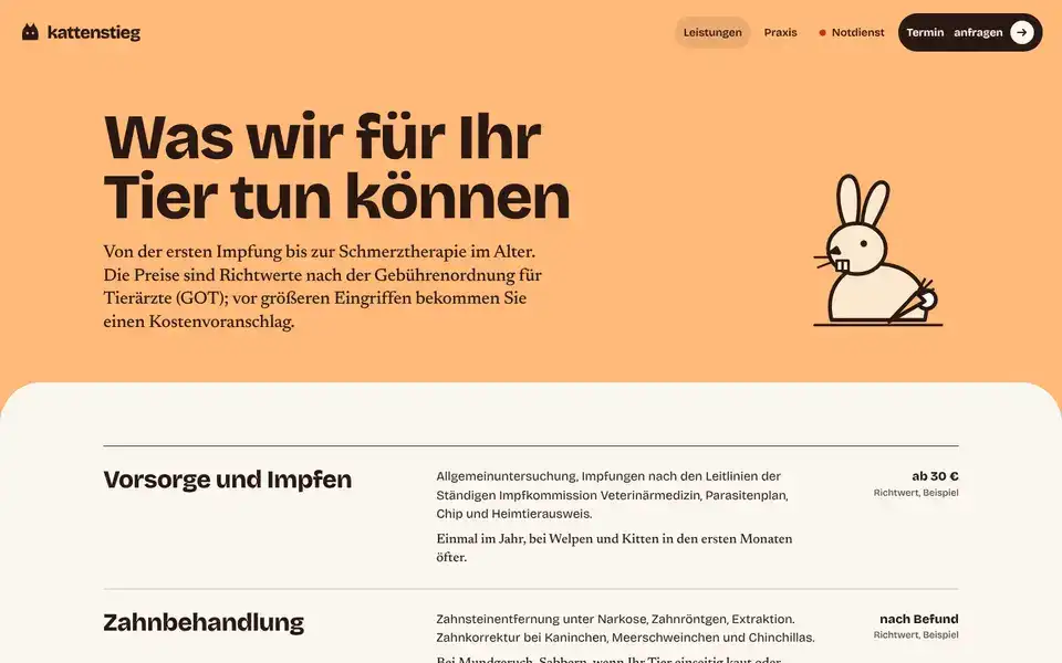 Kattenstieg, page "Leistungen: Vorsorge, Zähne, OP, Labor", first screen