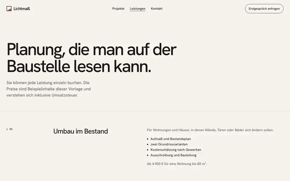 Lichtmaß, page "Leistungen und Honorare", first screen