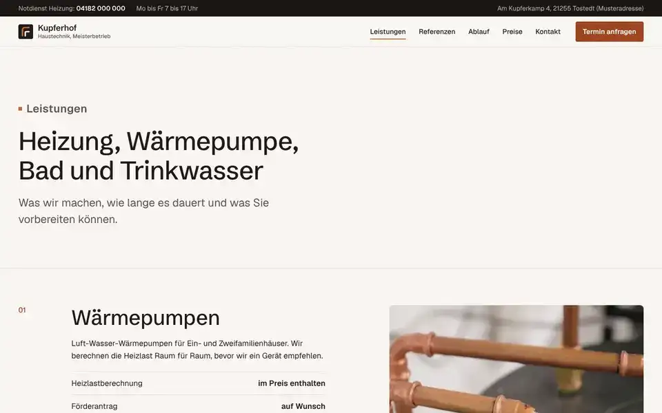 Kupferhof, page "Leistungen", first screen