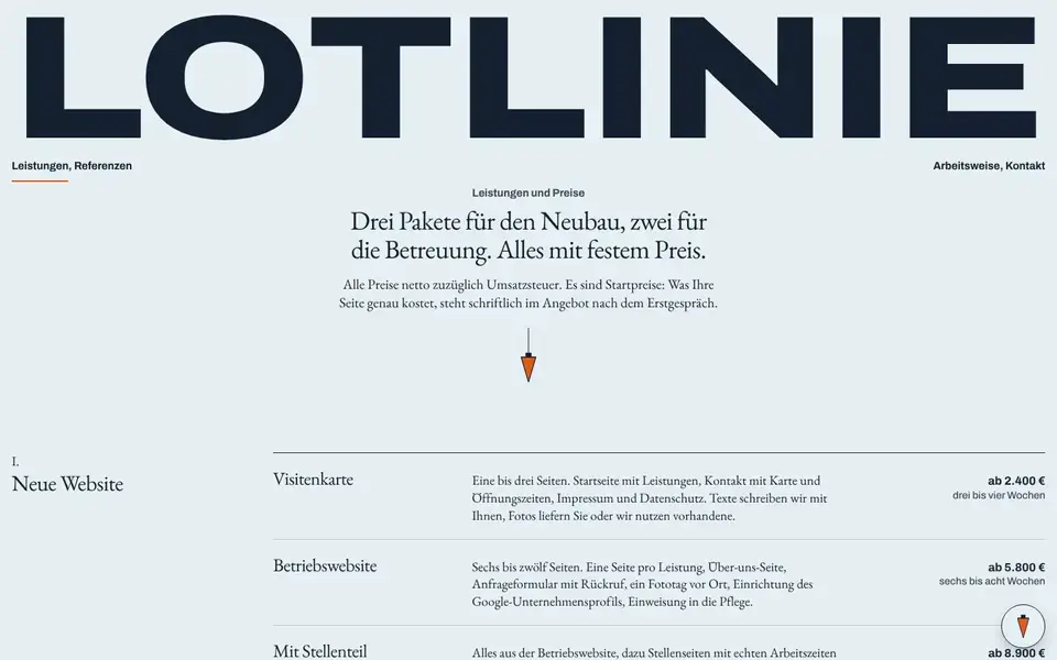 Lotlinie, page "Leistungen und Preise", first screen