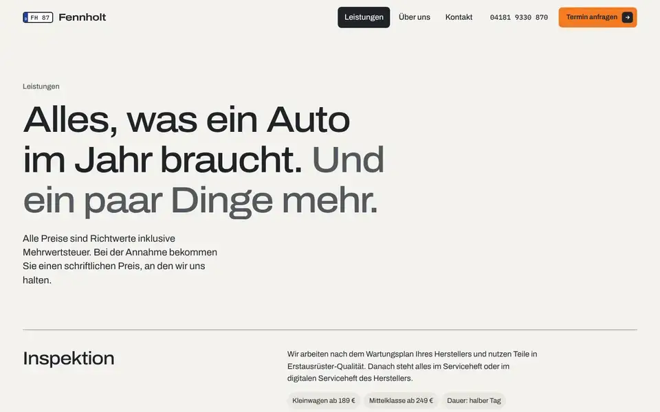 Fennholt, page "Leistungen", first screen