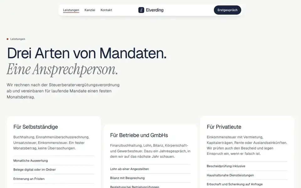 Elverding, page "Leistungen", first screen
