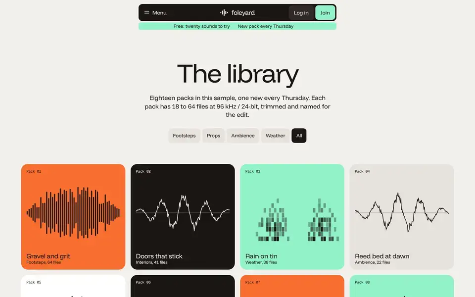 Foleyard, page "Library (all packs)", first screen