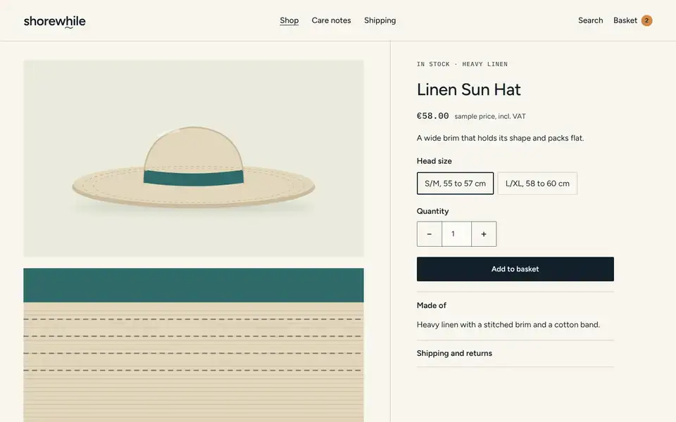 Shorewhile, page "Product: Linen Sun Hat", first screen