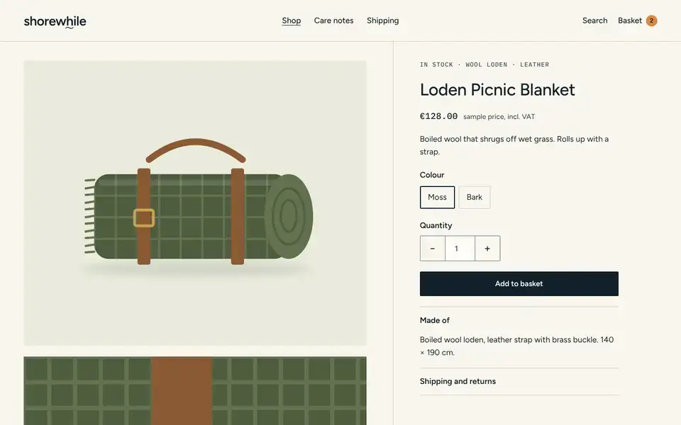 Shorewhile, page "Product: Loden Picnic Blanket", first screen