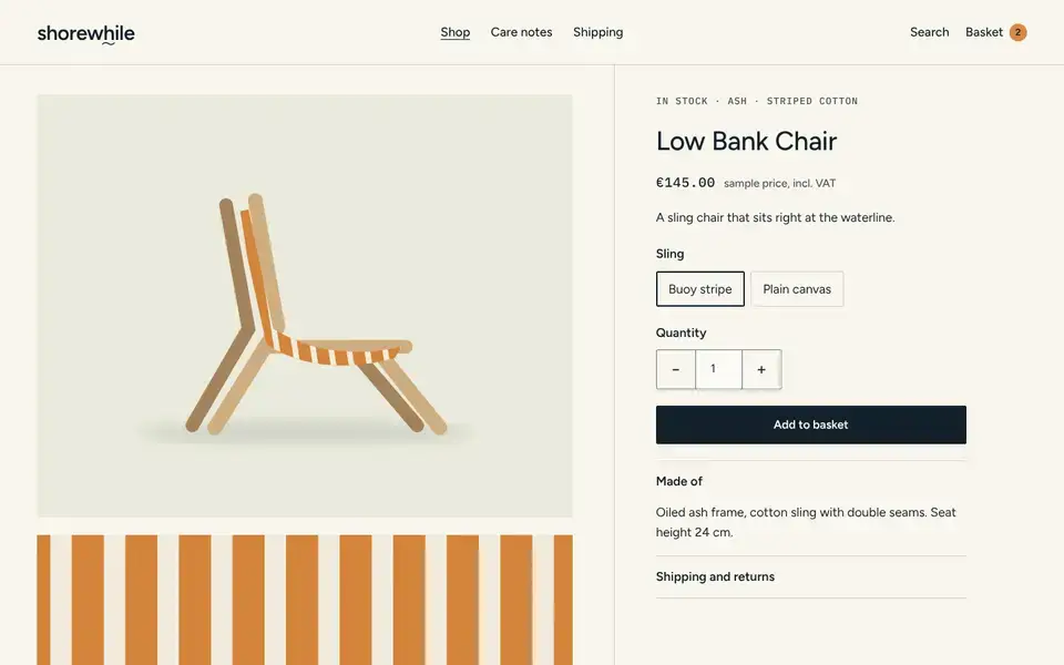 Shorewhile, page "Product: Low Bank Chair", first screen
