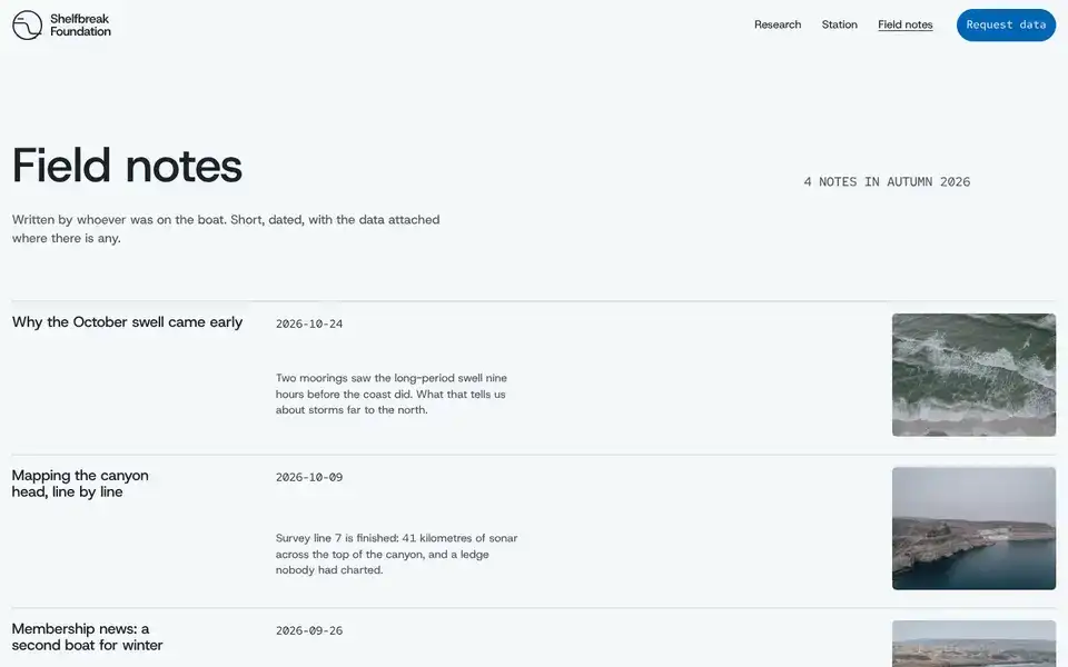 Shelfbreak Foundation, page "Field notes", first screen