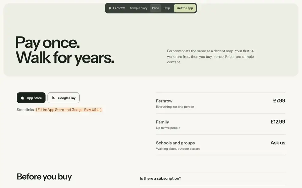 Fernrow, Seite „Price and FAQ“, erster Bildschirm