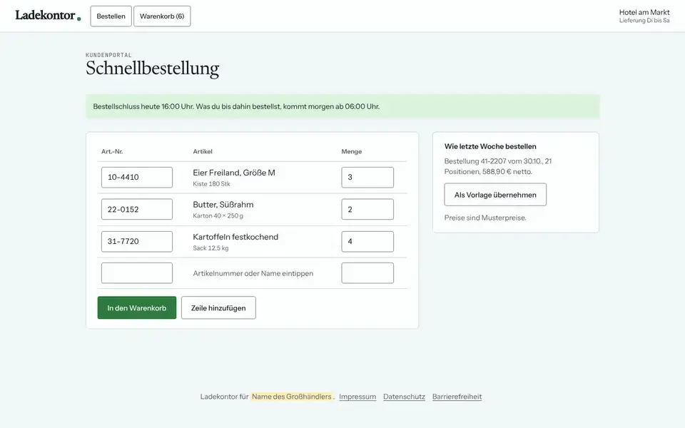 Ladekontor, Seite „Kundenportal: Schnellbestellung“, erster Bildschirm