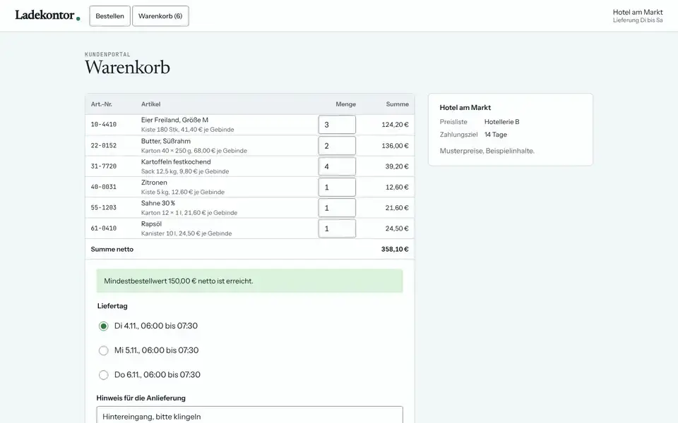Ladekontor, Seite „Kundenportal: Warenkorb“, erster Bildschirm