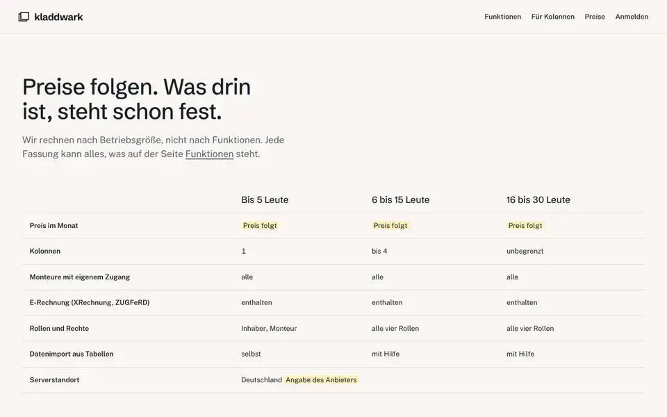 Kladdwark, page "Preise", first screen