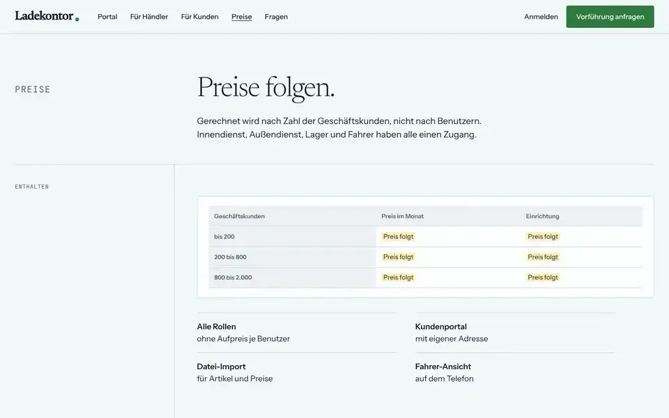 Ladekontor, Seite „Preise“, erster Bildschirm