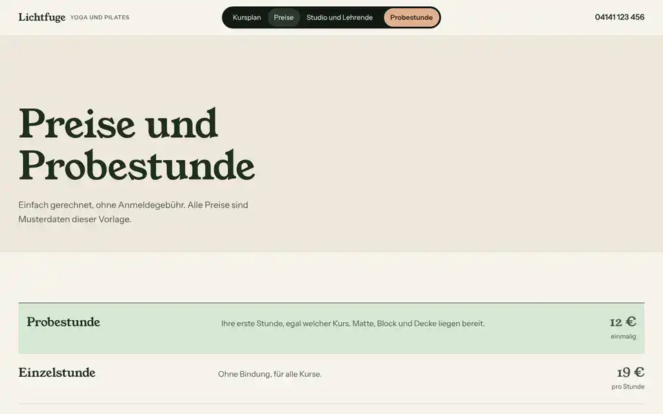 Lichtfuge, page "Preise und Probestunde", first screen