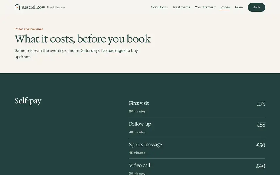 Kestrel Row, page "Prices and insurance", first screen