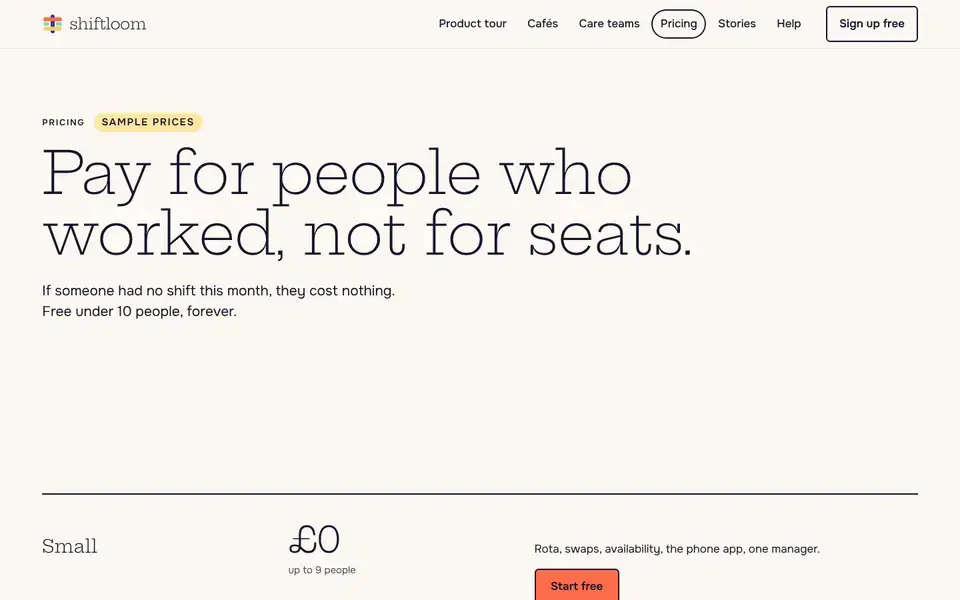 Shiftloom, Seite „Pricing (sample plans)“, erster Bildschirm