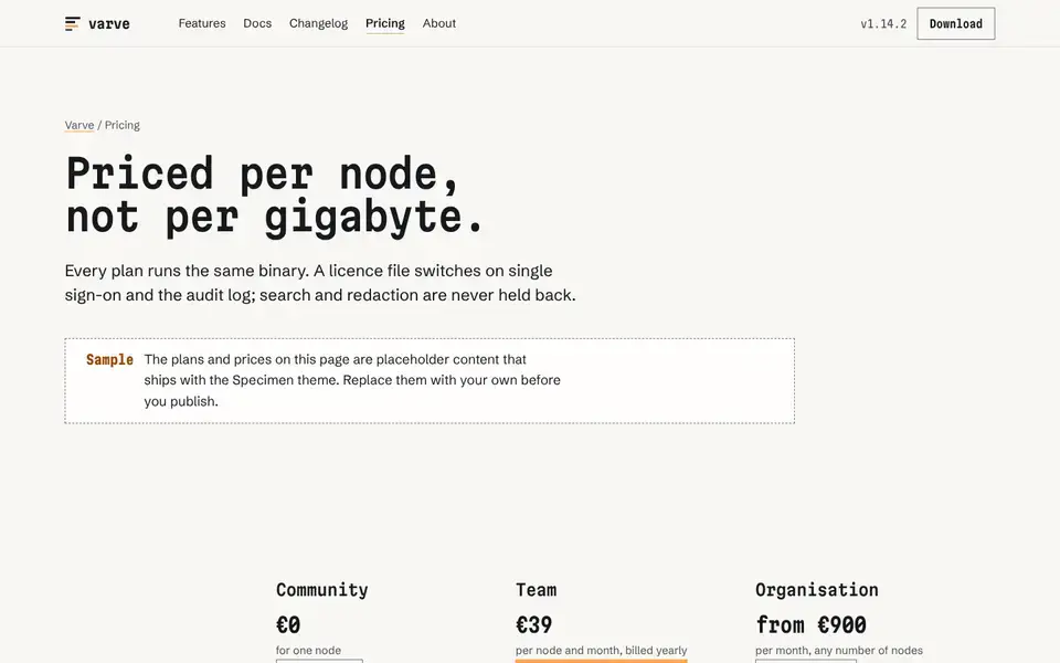 Specimen, Seite „Pricing (sample plans)“, erster Bildschirm