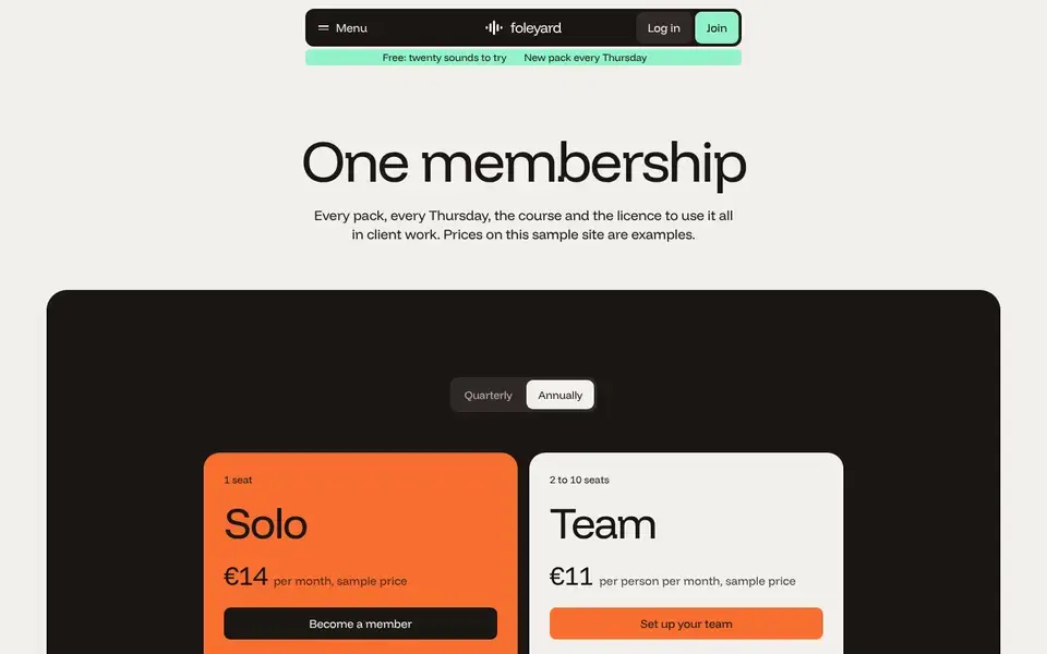 Foleyard, page "Pricing (plans, free sounds, FAQ)", first screen