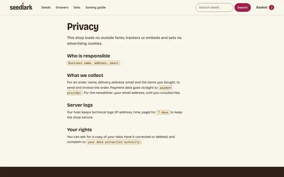 Seedlark, page "Privacy (template)", first screen
