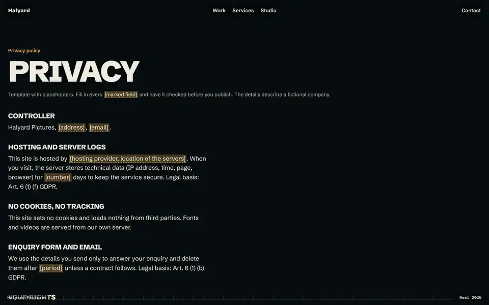 Halyard, page "Privacy (template)", first screen