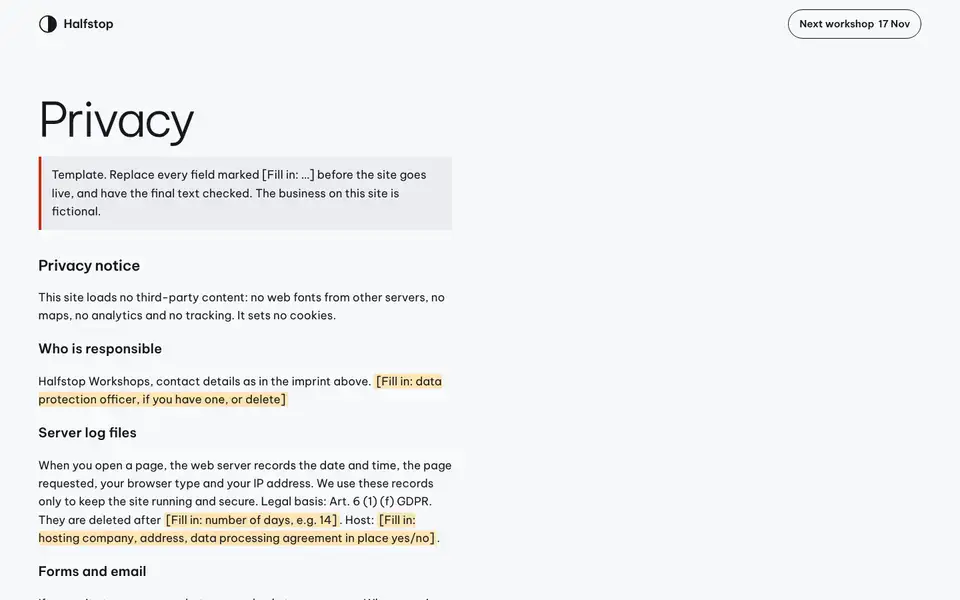 Halfstop, Seite „Privacy (template)“, erster Bildschirm