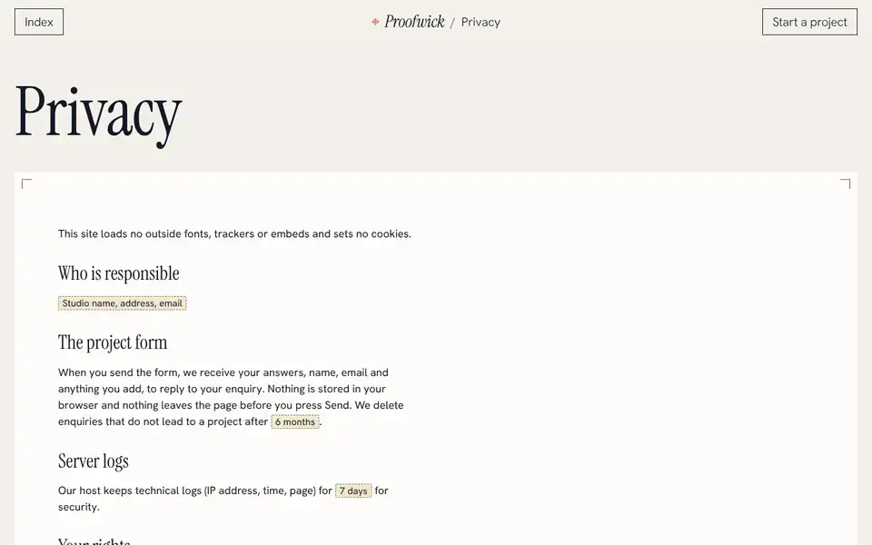 Proofwick, page "Privacy (template)", first screen