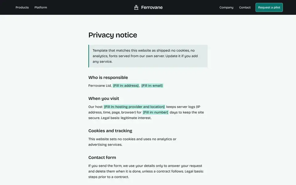 Ferrovane, page "Privacy (template)", first screen