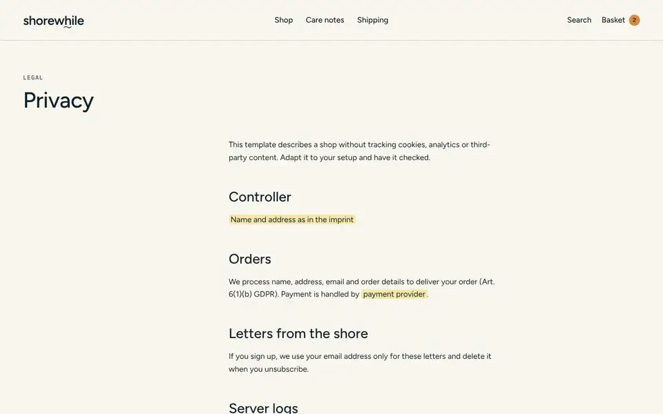 Shorewhile, page "Privacy (template)", first screen