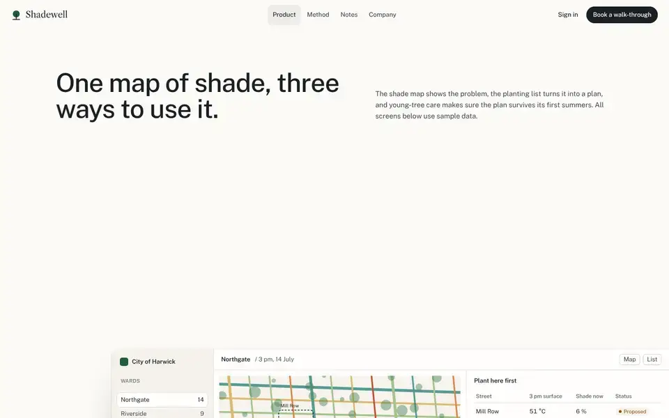 Shadewell, page "Product", first screen