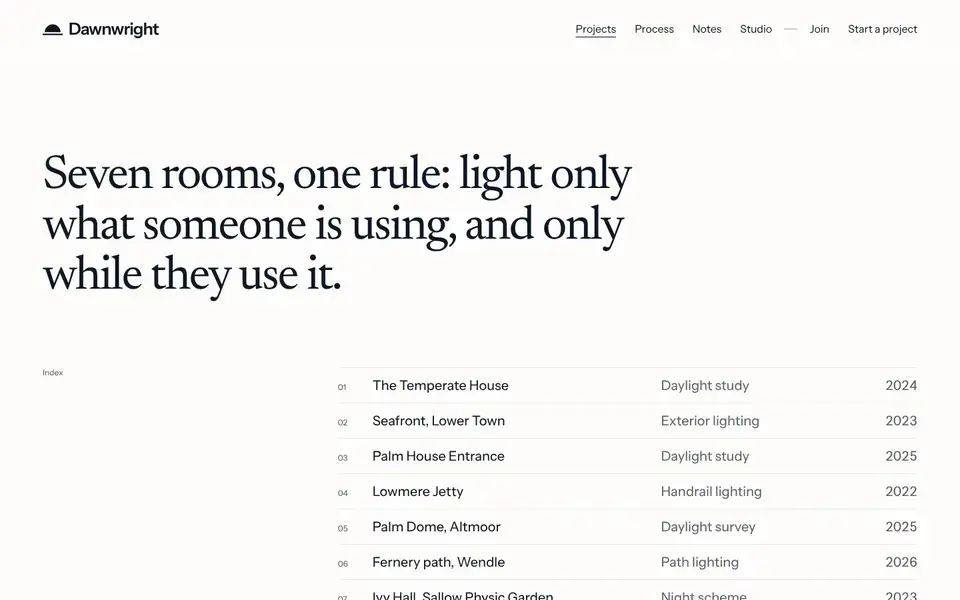 Dawnwright, Seite „Projects (index and seven rows)“, erster Bildschirm