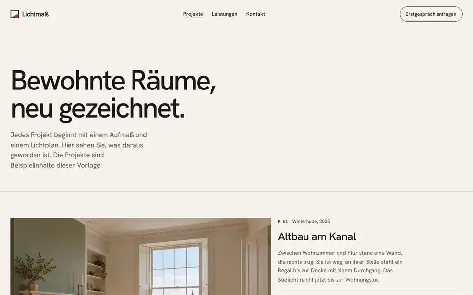 Lichtmaß, page "Projekte", first screen