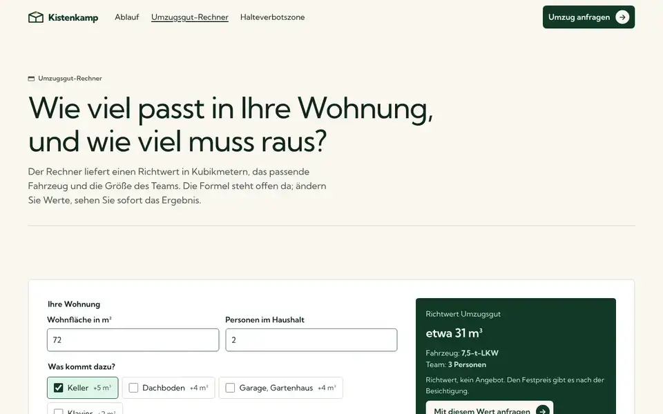 Kistenkamp, Seite „Umzugsgut-Rechner“, erster Bildschirm