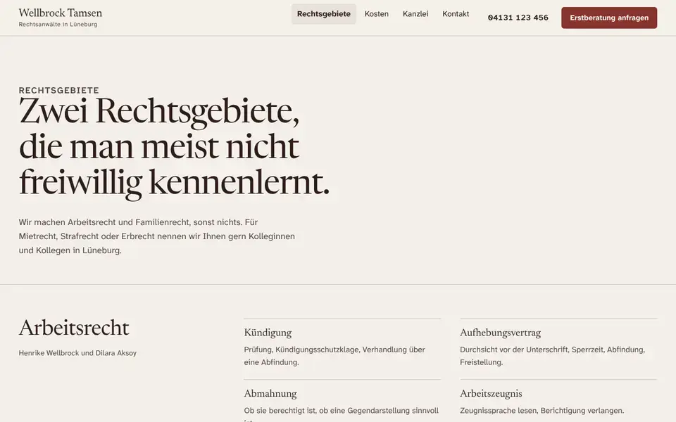 Wellbrock Tamsen, page "Rechtsgebiete", first screen