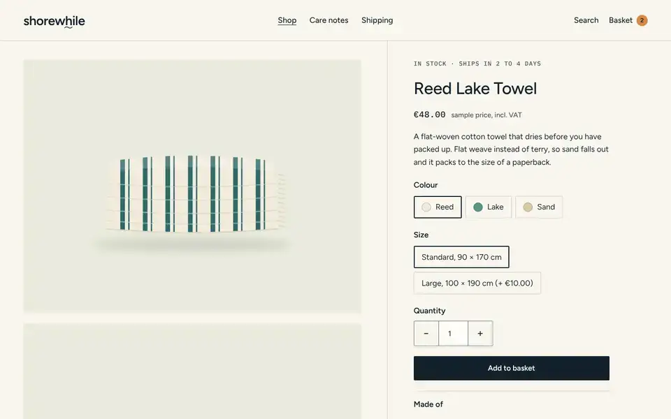 Shorewhile, page "Product: Reed Lake Towel (colour and size variants)", first screen