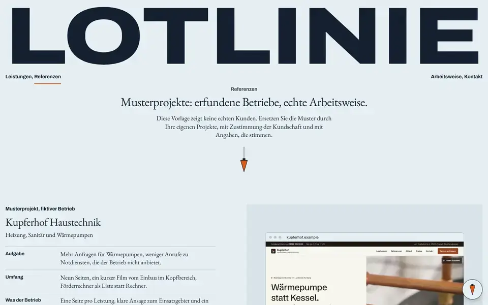 Lotlinie, page "Referenzen (Musterprojekte)", first screen