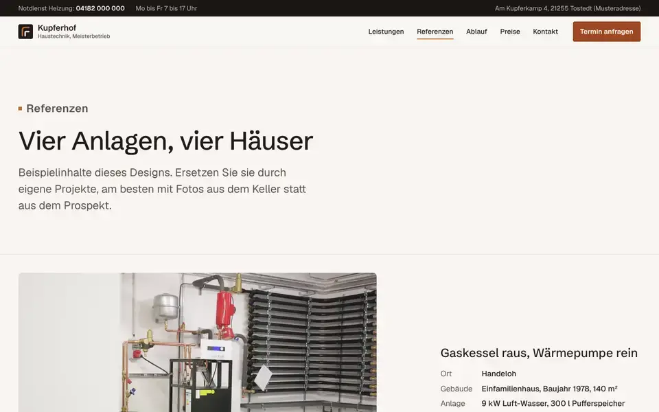 Kupferhof, Seite „Referenzen“, erster Bildschirm