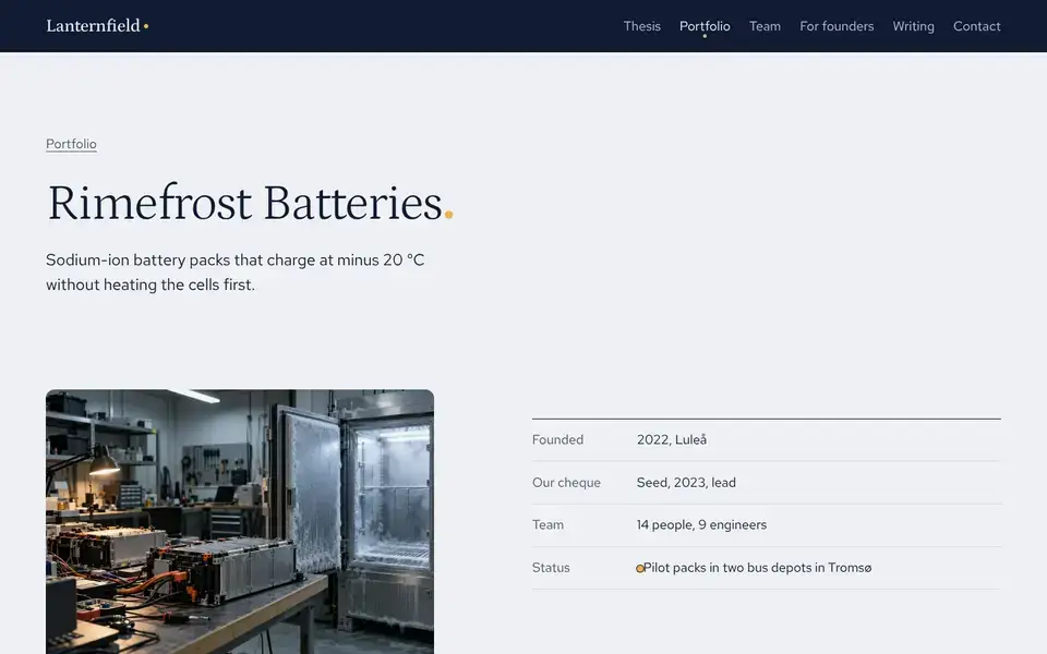Lanternfield, page "Company: Rimefrost Batteries", first screen