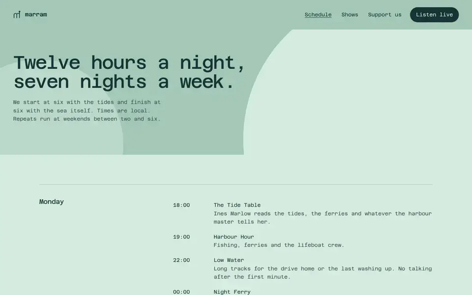 Marram Radio, Seite „Schedule (week)“, erster Bildschirm