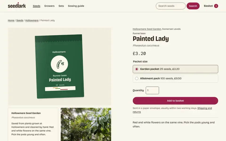 Seedlark, page "Product: packet sizes, sowing strip", first screen