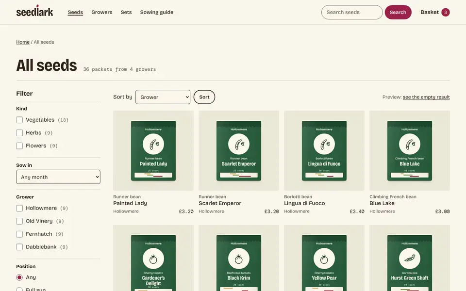 Seedlark, page "All seeds (filters, empty state)", first screen