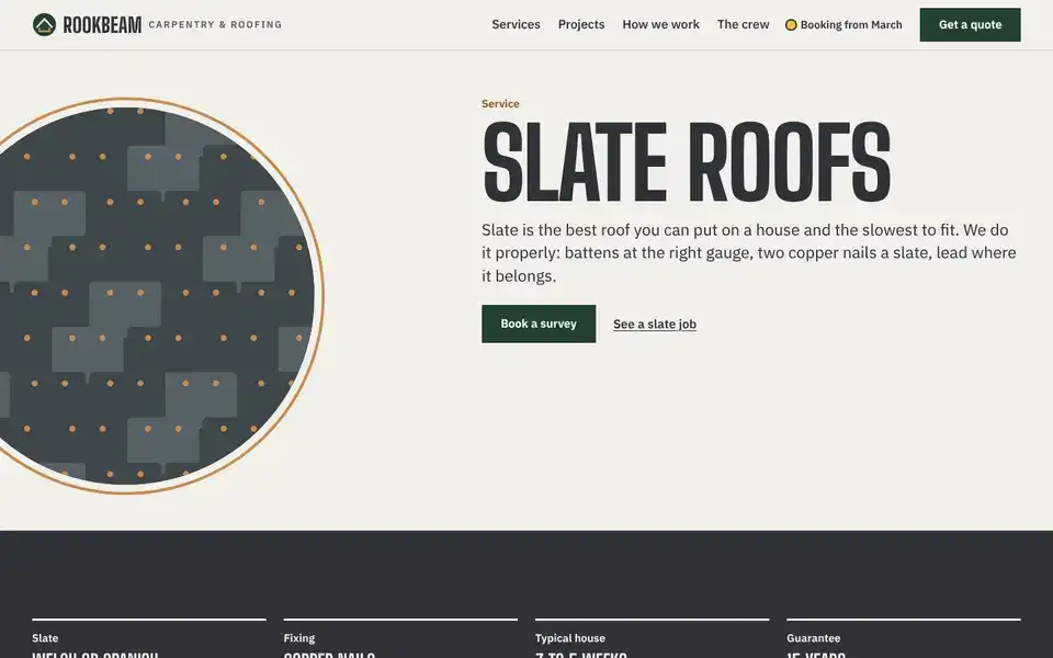 Rookbeam, page "Service: Slate roofs", first screen