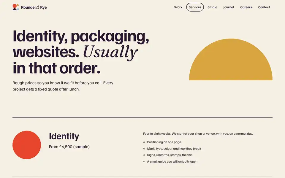 Roundel & Rye, page "Services with sample prices", first screen