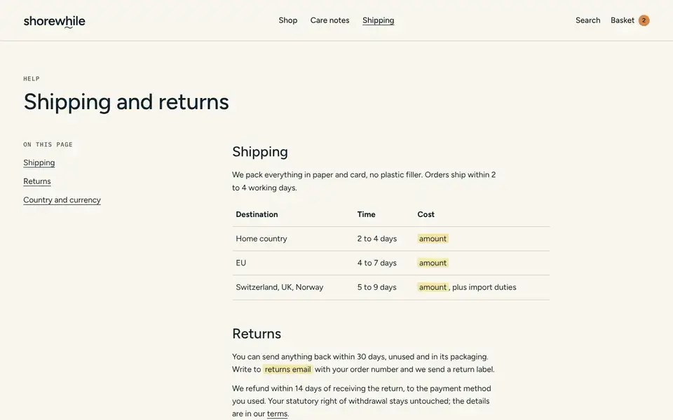 Shorewhile, page "Shipping and returns", first screen