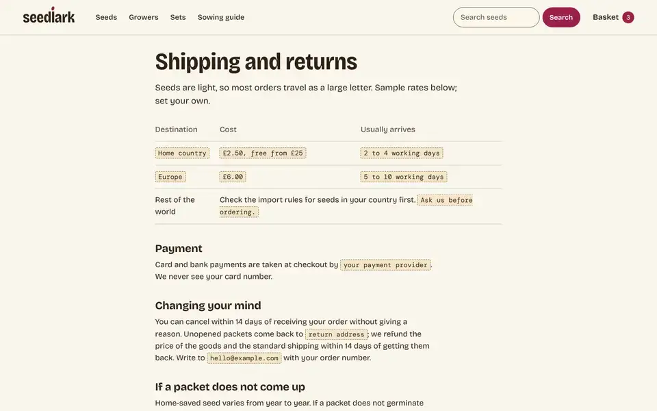 Seedlark, page "Shipping and returns", first screen