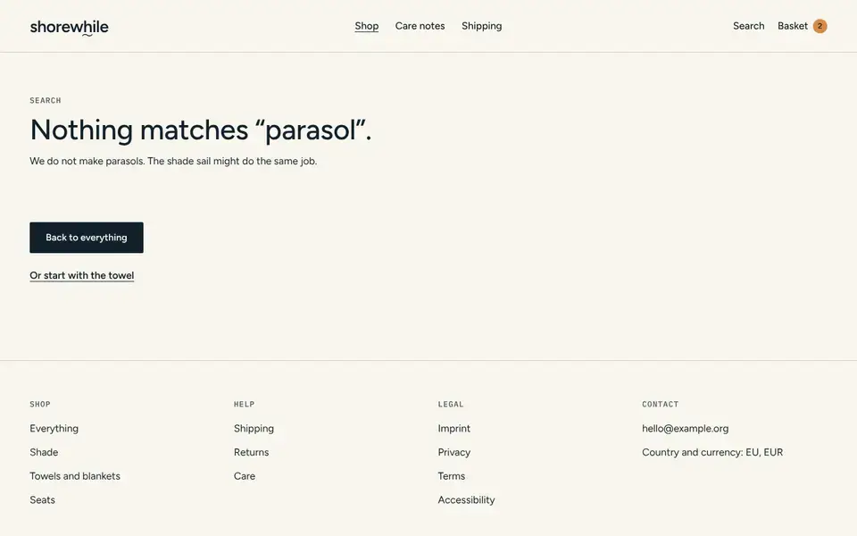 Shorewhile, page "Shop: no results", first screen