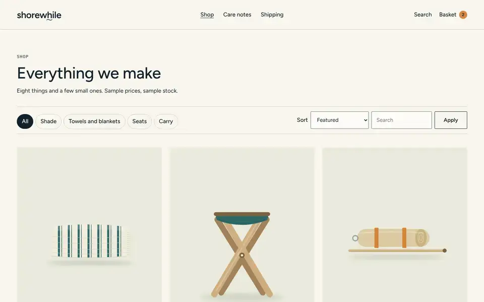 Shorewhile, page "Shop everything (list)", first screen